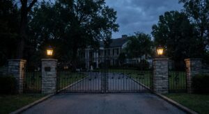 The front gates of a historic estate at dusk, empty and respectfully framed, evoking a famous musician’s home.
