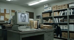 A plain police records office with a monitor showing a blurred face image and neutral lighting.