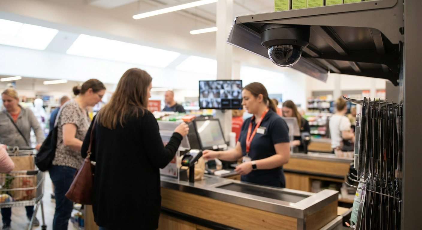 Retail interior with visible security camera above aisles and staff at checkout, realistic scene.