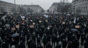 Crowd at a public demonstration captured from afar, showing faces but keeping context documentary and non-sensational.