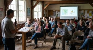Candid town-hall meeting with local residents listening to a speaker about agricultural concerns.