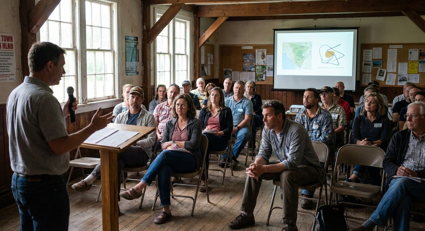 Candid town-hall meeting with local residents listening to a speaker about agricultural concerns.