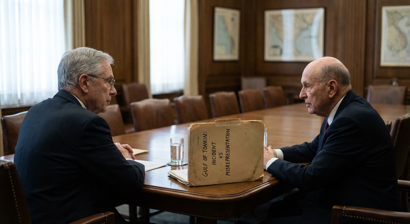 Two former officials talking across a table with an archival folder between them in a meeting room.