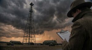Historic mooring mast at a military air station with a stormy sky and a researcher studying documents