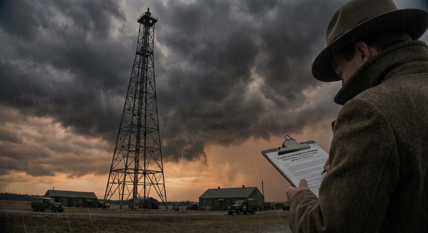 Historic mooring mast at a military air station with a stormy sky and a researcher studying documents