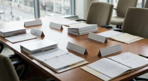 A professional meeting room with a conference table and papers, suggesting a policy exercise setting.