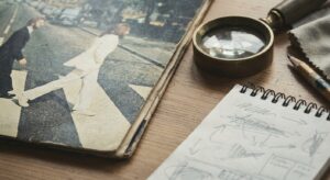 A researcher’s desk showing a vinyl sleeve edge, magnifying loupe, and a small notebook with notes, captured in warm tones.