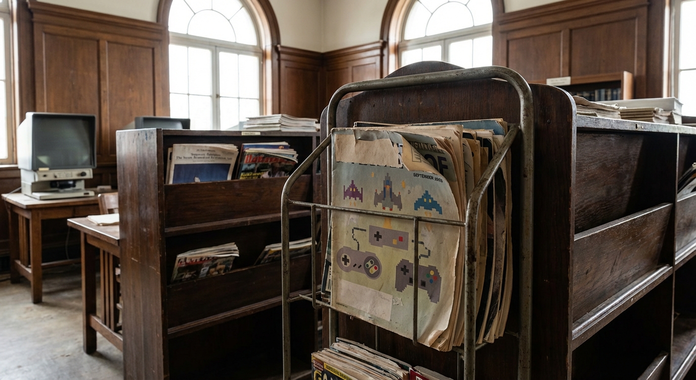 Magazine rack showing a 2000s-era gaming magazine silhouette in a library setting, archival atmosphere.