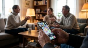 Hands holding a smartphone in foreground with a blurred family conversation in the background.