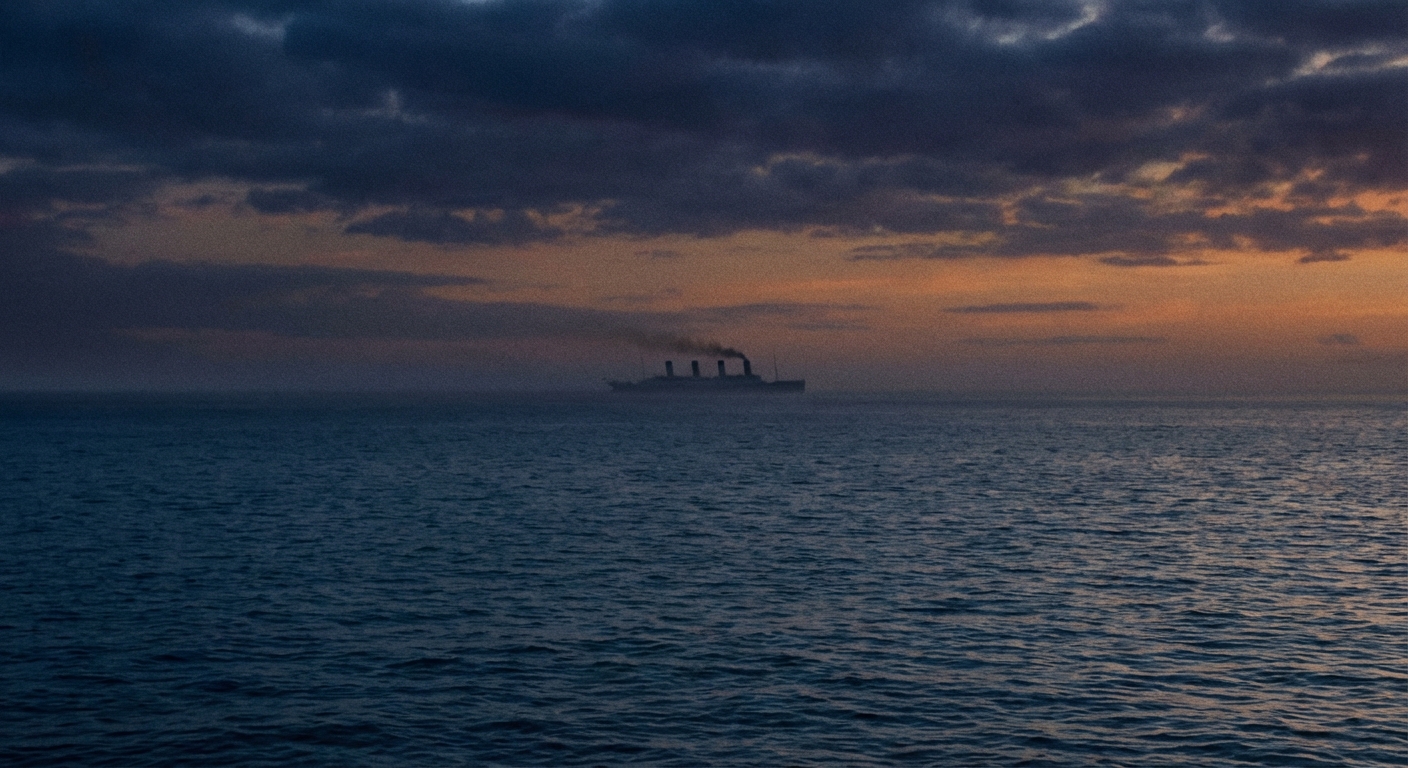 Silhouette of a large early 1900s liner at dusk, seen from the ocean surface, quiet mood.