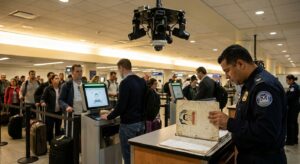 Airport checkpoint showing biometric camera hardware and an official consulting policy materials.