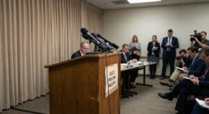 Press conference setup for a market investigation announcement about gold pricing.