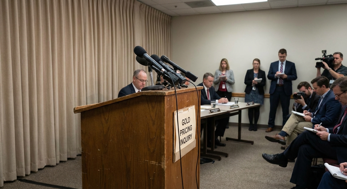 Press conference setup for a market investigation announcement about gold pricing.