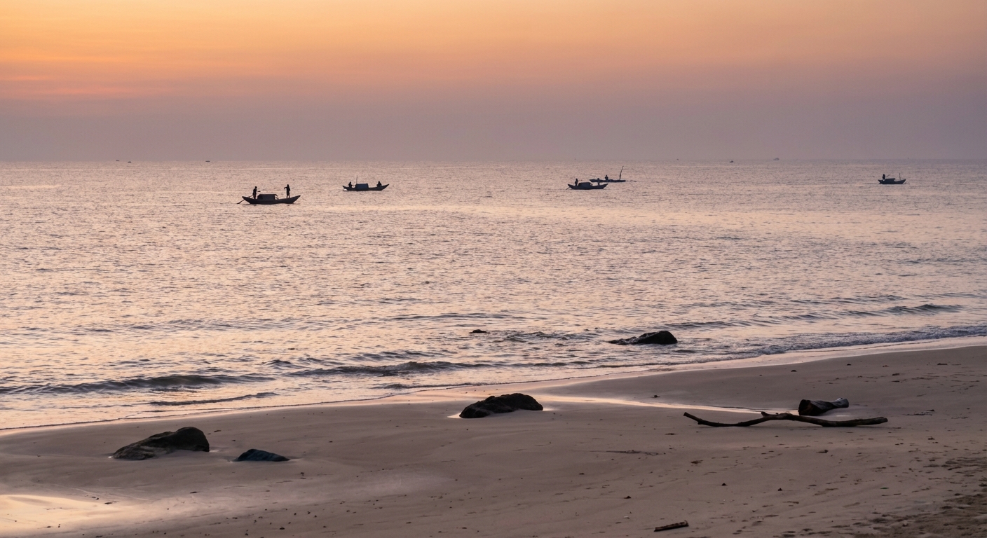 Sunrise over a calm Gulf of Tonkin seascape with small boats visible on the horizon and soft reflections on the water.
