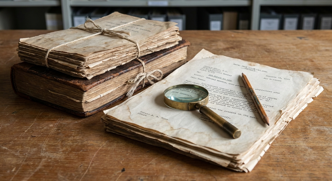 Yellowed naval deck logs and typed memos laid out on an archival table with a magnifier.
