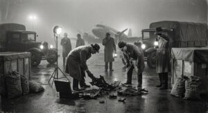 Investigators in period clothing inspecting metal fragments and fabric samples on a dim airfield at night.