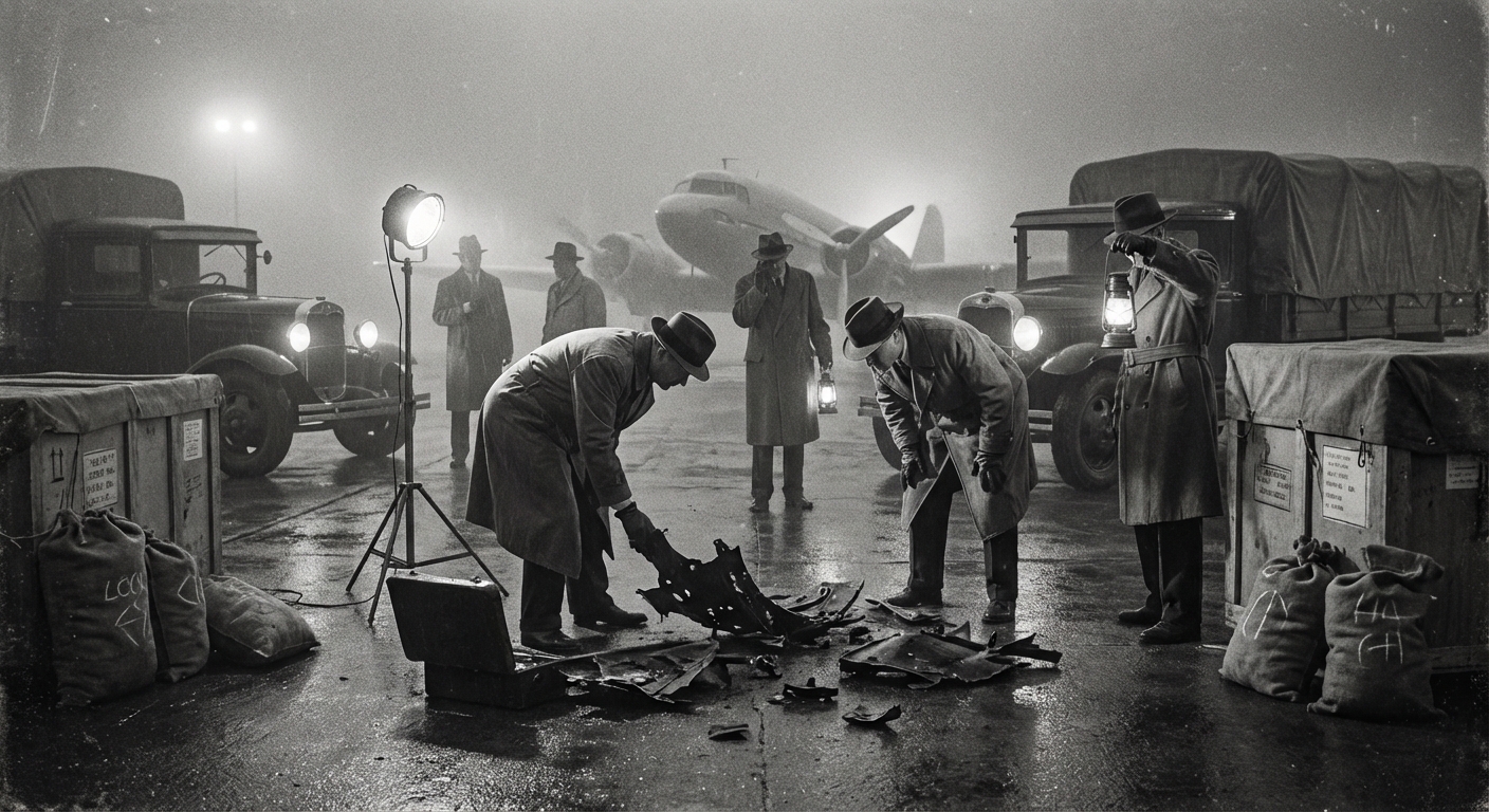 Investigators in period clothing inspecting metal fragments and fabric samples on a dim airfield at night.