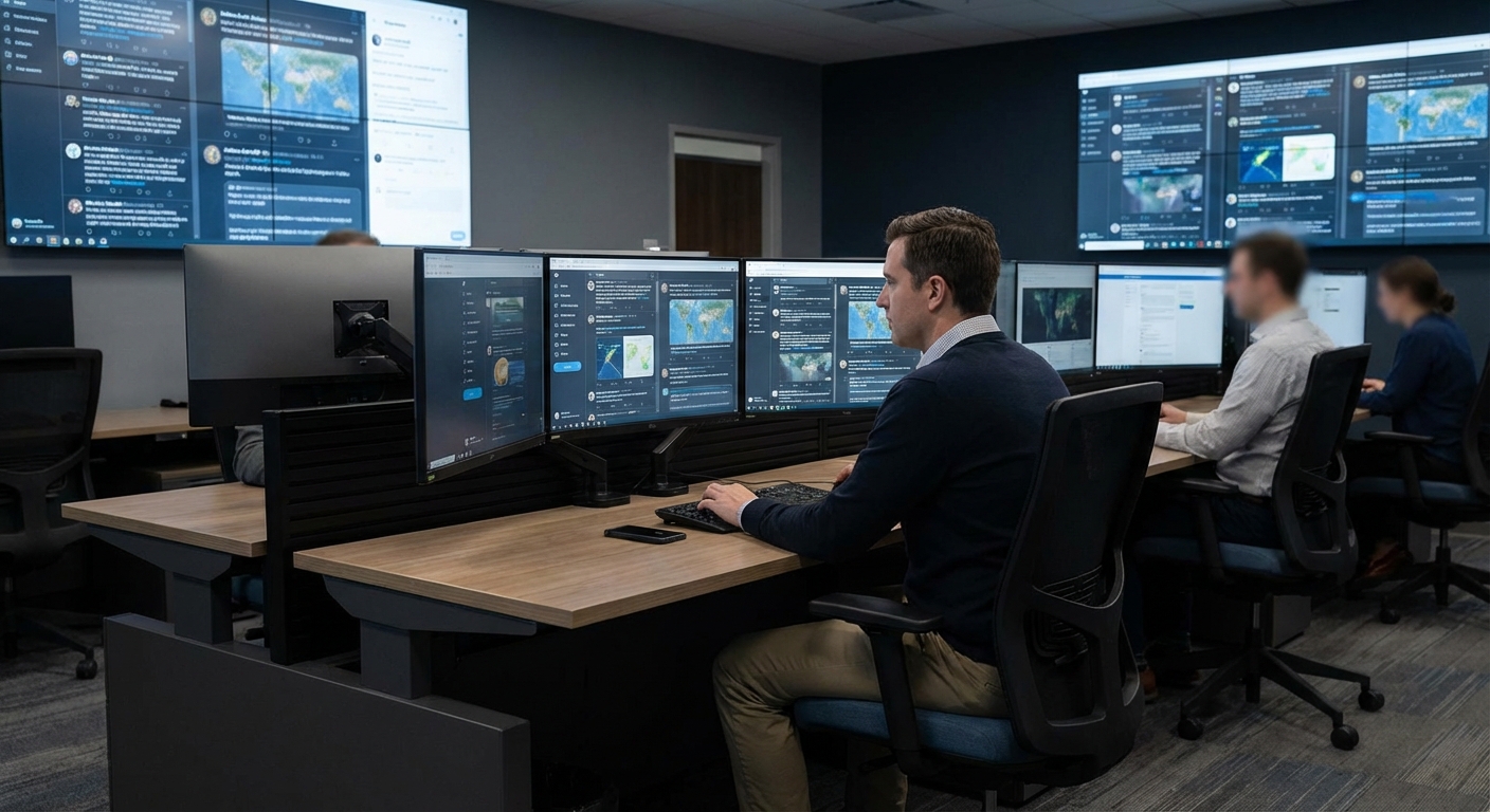 Content-moderation control room with analysts monitoring social media feeds for misinformation patterns.