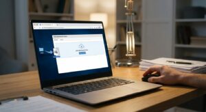 Close-up of a hand uploading an image file to an EXIF viewer on a laptop, office background out of focus.