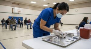 A clinic nurse preparing a vaccine syringe on a sterile tray at a community vaccination station, natural lighting, no logos.