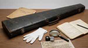 Forensic re‑examination setup: rifle case, gloves, and magnifying tools on a table, clean studio look.
