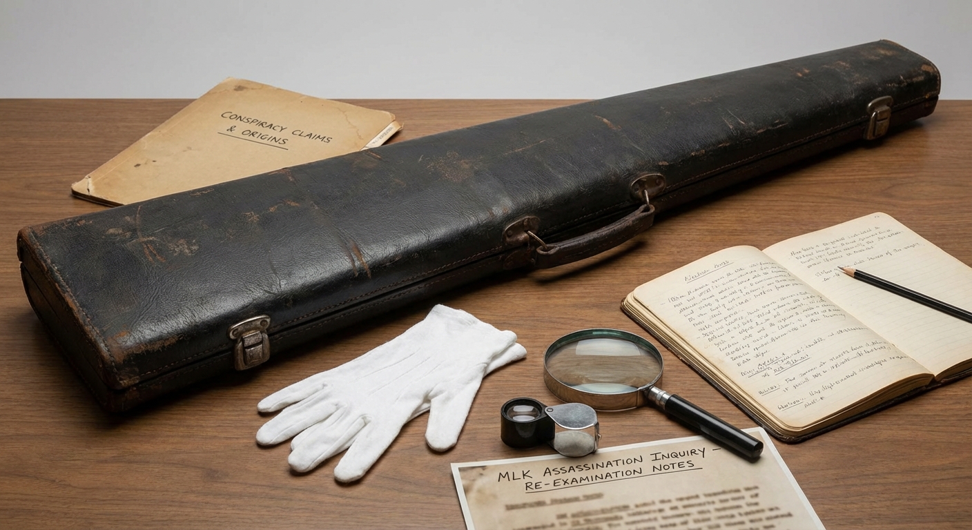 Forensic re‑examination setup: rifle case, gloves, and magnifying tools on a table, clean studio look.