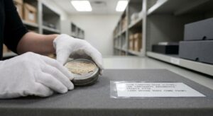 Archival conservator carefully inspecting a vintage magnetic tape canister on a padded workspace in a climate-controlled room.