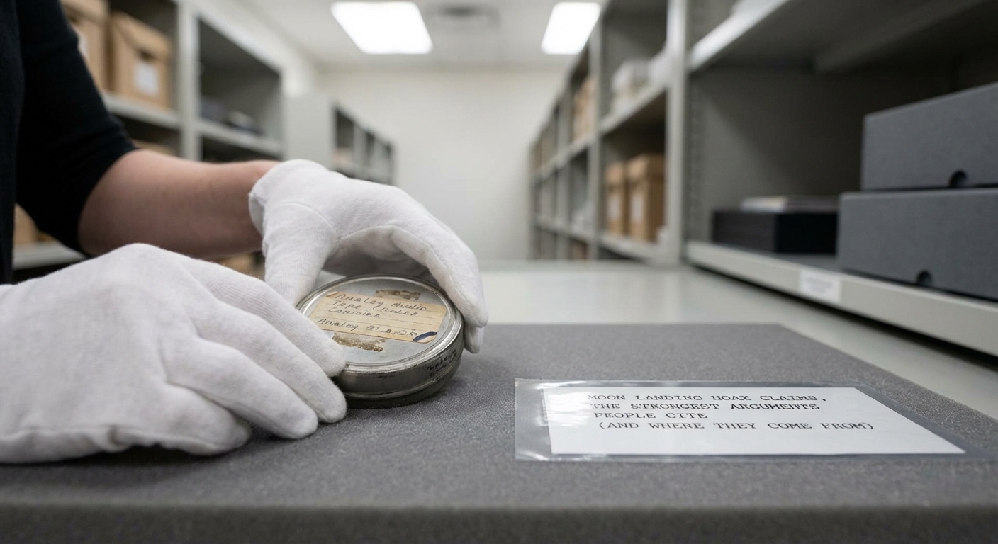 Archival conservator carefully inspecting a vintage magnetic tape canister on a padded workspace in a climate-controlled room.