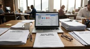 A newsroom desk with printouts and a laptop displaying generic social icons, conveying investigation into media-amplified internet threats.