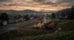 Distant view of a municipal grader and crew at dawn, suggesting a plausible ground noise source.