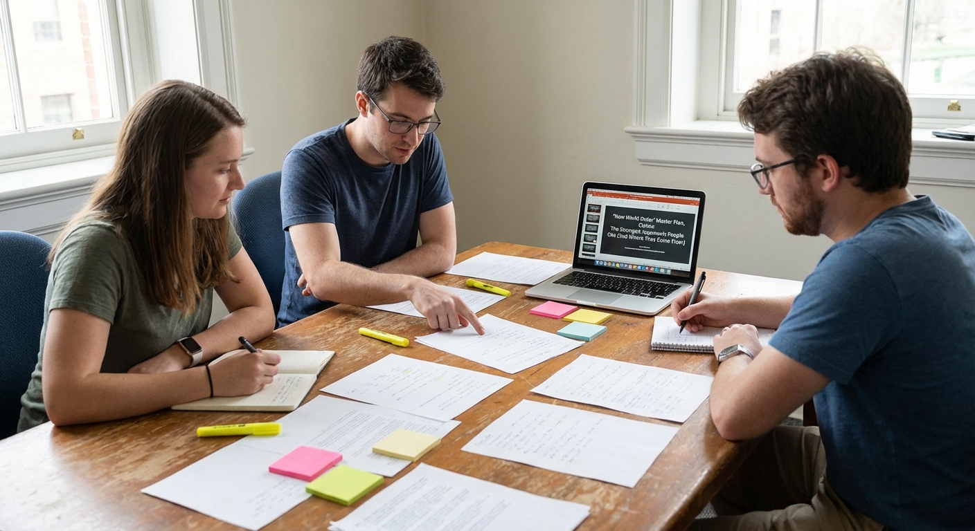 Researchers in an office examine printed speech transcripts and documents under warm lamp light.