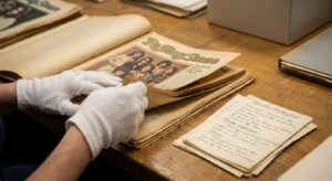 Archival hands flipping a 1970s magazine with annotated notes nearby in soft archival light.