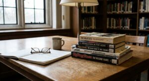 Research table with books and magazines about music history, arranged for study and analysis.
