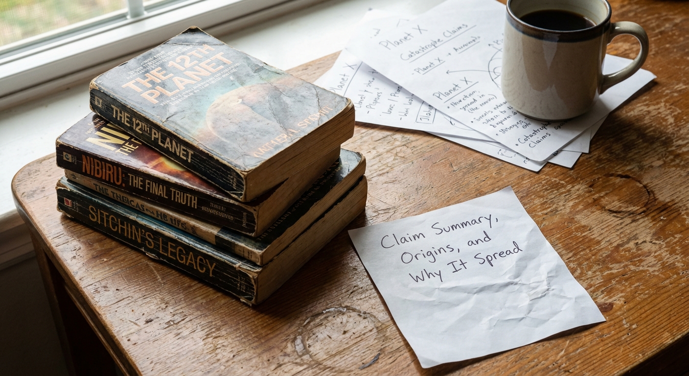 Close stack of research and paperback books with handwritten notes suggesting fringe-history reading and analysis.