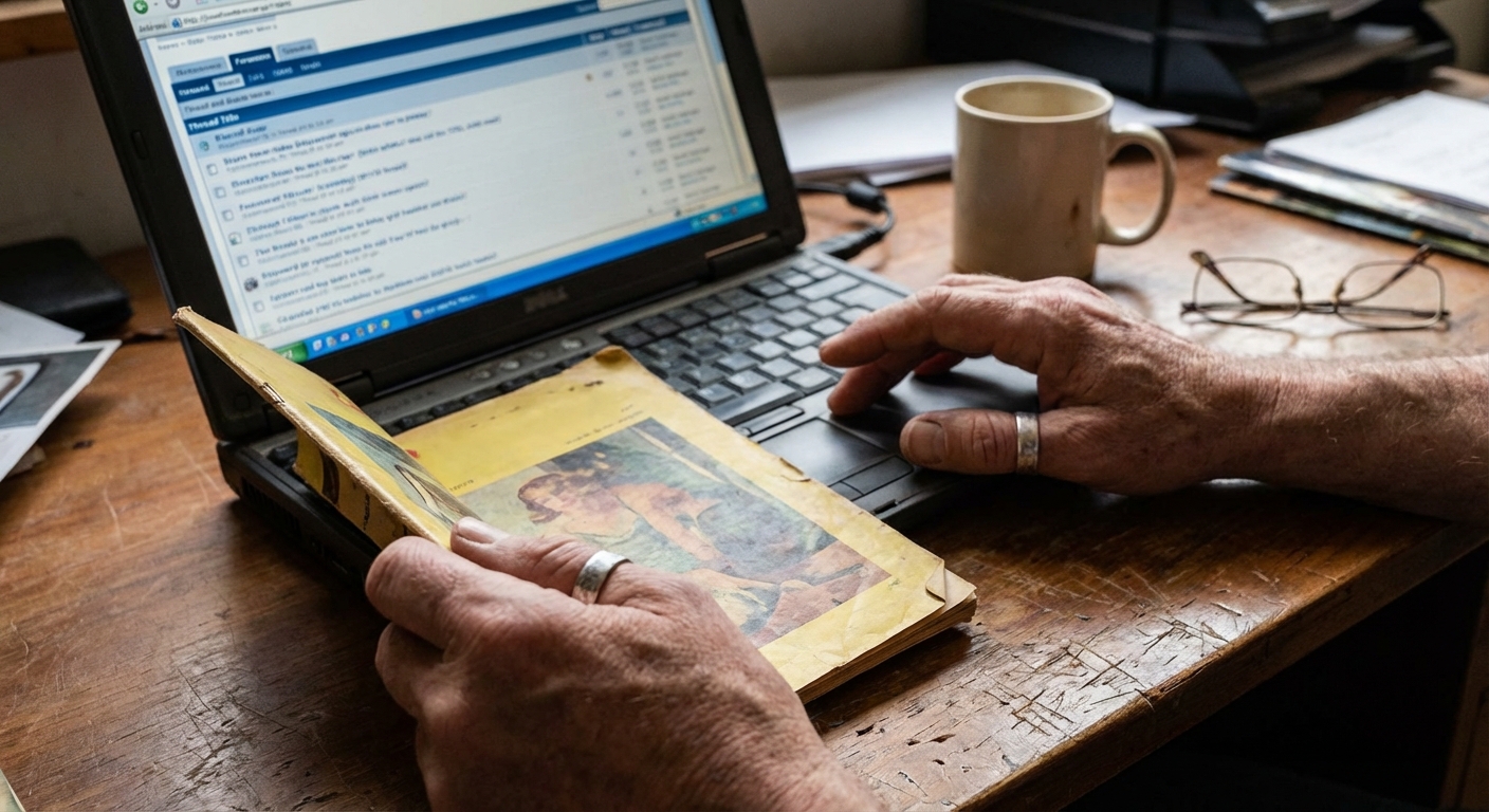 Hands comparing a vintage magazine with a laptop displaying an archival forum page about Polybius.
