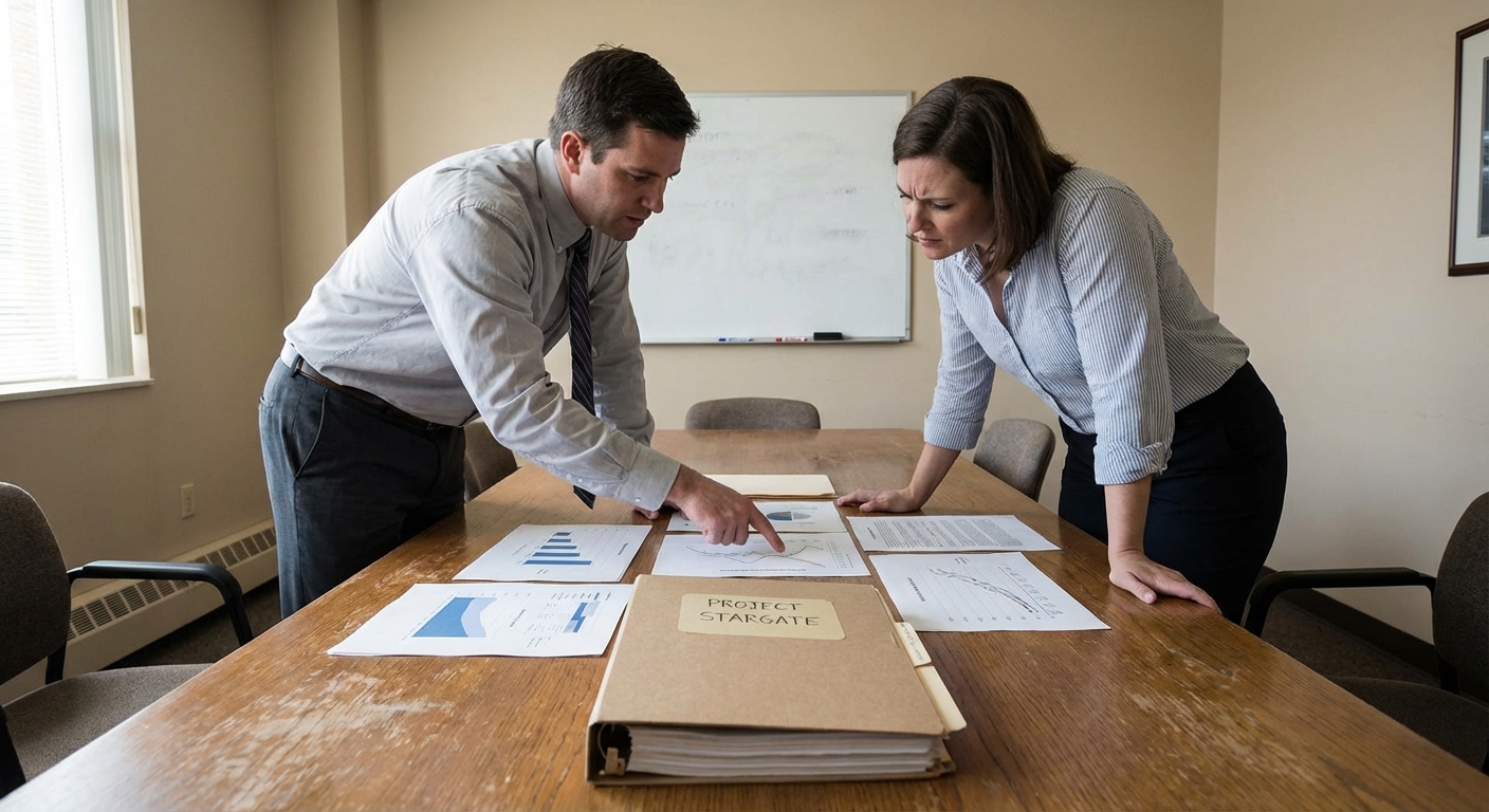 Two analysts reviewing printed charts and a binder in a small conference room, mid-discussion.