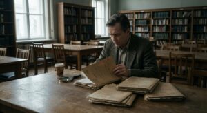 Archivist reviewing decades-old folders and documents in a quiet reading room with sunlight on the table.