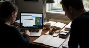 Desk scene showing a researcher cross‑checking a leaked document on a laptop with microfilm and printed source notes nearby.