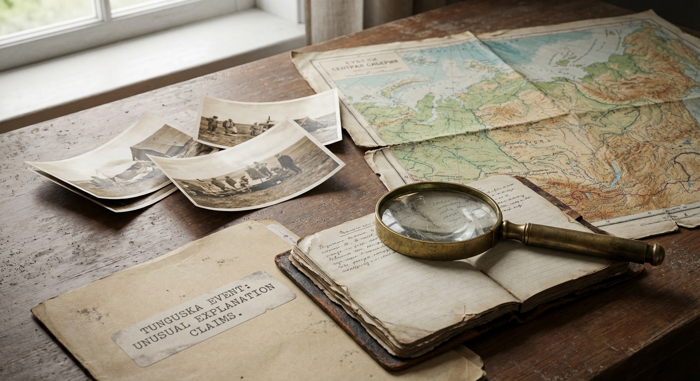 Archivist desk with vintage expedition photos, a Siberia map, and a magnifying glass over a 1908 note.
