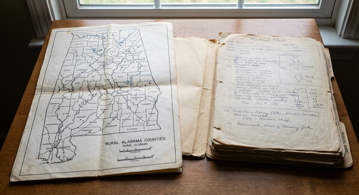 Close-up of a county map of Alabama with a folded medical chart on a table, indicating geographic and medical context.