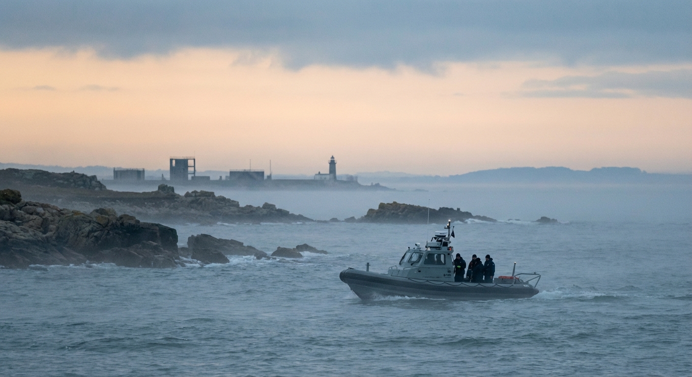 Naval training area at dawn with a vessel on patrol and a wide marine horizon.