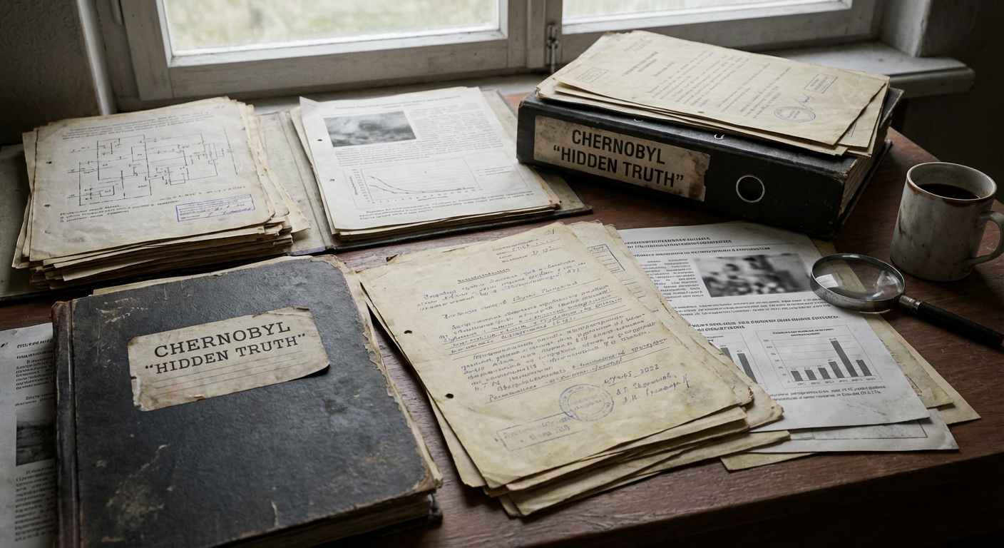 Table with scientific papers and a binder representing competing Chernobyl reports in an archival research setting.