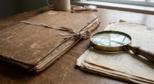 Archival documents and magnifying glass on wood, implying careful review of records.