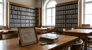 Quiet archival reading room with boxed records and a labeled research table under natural light.
