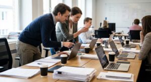 Journalists at a busy desk with laptops and notebooks, symbolizing investigative reporting.