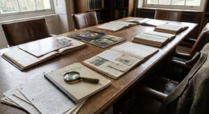 Library table with open albums, magnifying glass, and annotated notes, presented in a scholarly manner.