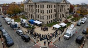 Journalists and camera equipment gathered outside a court building in a restrained news scene.
