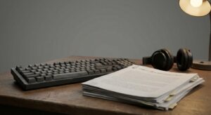 Studio still life with keyboard, headset, and stacked research papers, analytical desk scene.