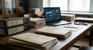 Archive workspace with folders and a laptop showing blurred charts, archival lighting, no readable text.