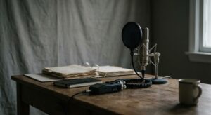 Documentary interview setup with microphone and neutral backdrop, suggestive of investigative reporting.